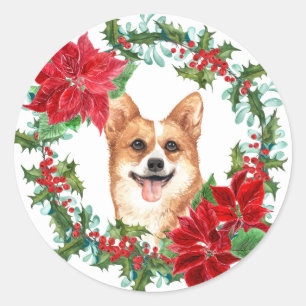 Pembroke Corgi Poinsettia Holly Holiday Wreath Runder Aufkleber