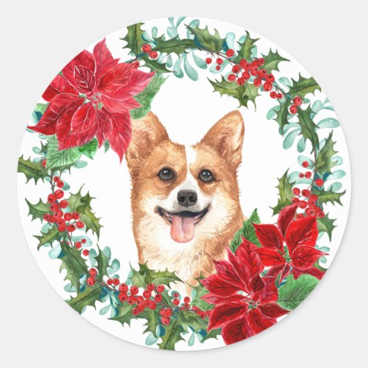 Pembroke Corgi Poinsettia Holly Holiday Wreath Runder Aufkleber (Vorderseite)