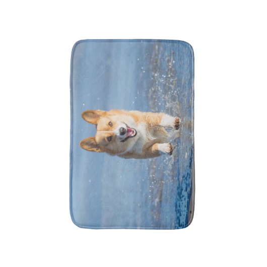 Pembroke-Walisercorgi-Hund, der auf den Strand Badematte (Vorderseite Vertikal)