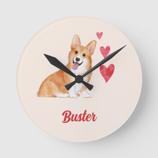 Pembroke Welsh Corgi Anpassbarer Pet Name Runde Wanduhr (Vorderseite)