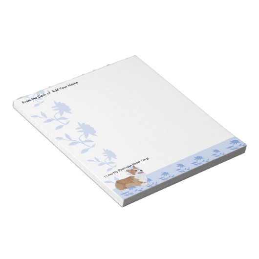 Pembroke Welsh Corgi, Blue Flowers Notizblock (angewinkelt)