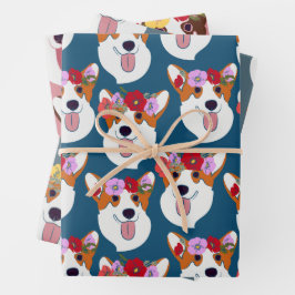 Pembroke Welsh Corgi Cartoon Head in drei Farben Geschenkpapier Set