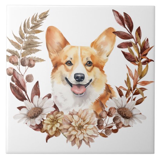 Pembroke Welsh Corgi Dog Herbstkranz Fliese (Vorderseite)