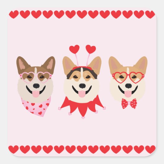 Pembroke Welsh Corgi Dogs Valentines Quadratischer Aufkleber (Vorderseite)
