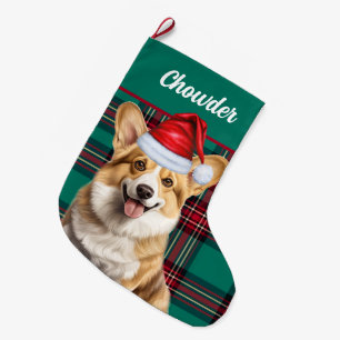 Pembroke Welsh Corgi Green Kariert und Hunde Name Großer Weihnachtsstrumpf
