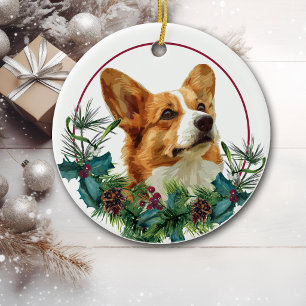 Pembroke Welsh Corgi Hund Immergrüner Kranz Keramik Ornament