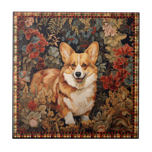 Pembroke Welsh Corgi im Viktorianischen Blumengart Fliese (Vorderseite)