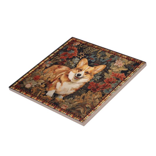 Pembroke Welsh Corgi im Viktorianischen Blumengart Fliese (Seite)