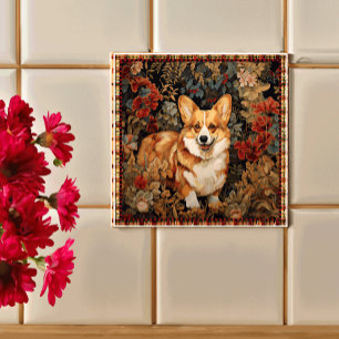Pembroke Welsh Corgi im Viktorianischen Blumengart Fliese