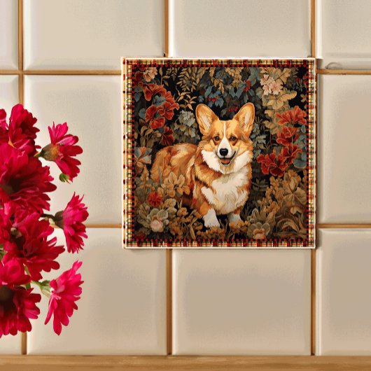 Pembroke Welsh Corgi im Viktorianischen Blumengart Fliese