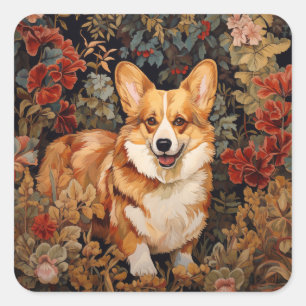Pembroke Welsh Corgi im Viktorianischen Blumengart Quadratischer Aufkleber