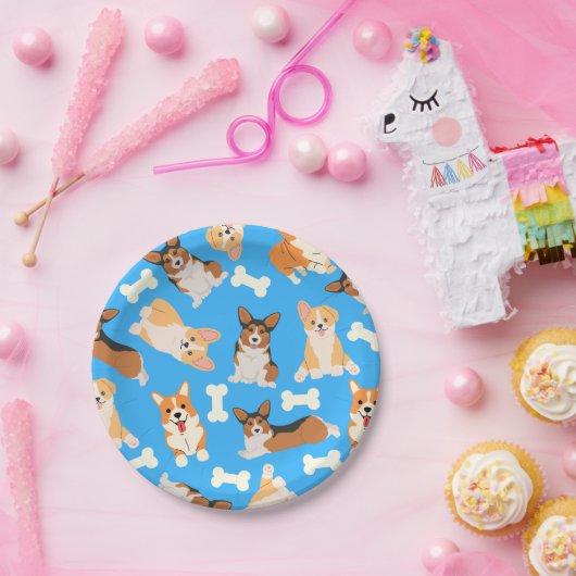 Pembroke Welsh Corgi Pattern Blue Pappteller (Party)