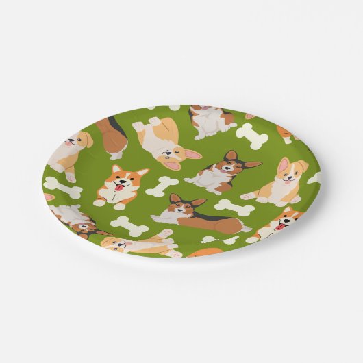 Pembroke Welsh Corgi Pattern Green Pappteller (Schrägansicht)