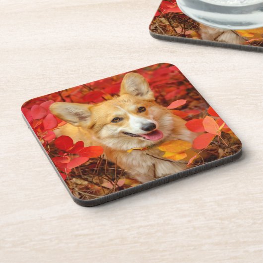 Pembroke Welsh Corgi Puppy Dog in Red Blätter Getränkeuntersetzer (Linke Seite)