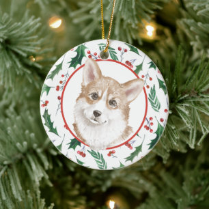 Pembroke Welsh Corgi Red Berry Holly Border Keramik Ornament