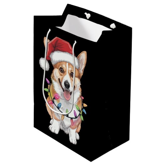 Pembroke Welsh Corgi Weihnachtsbaum Lichter Mittlere Geschenktüte (Vorderseite Schrägansicht)