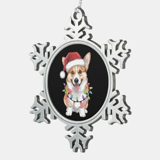 Pembroke Welsh Corgi Weihnachtsbaum Lichter Schneeflocken Zinn-Ornament (Rechts)