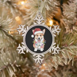 Pembroke Welsh Corgi Weihnachtsmann Weihnachtsbaum Schneeflocken Zinn-Ornament