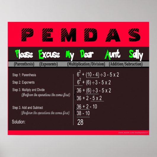 PEMDAS-Operationsreihenfolge Math Poster (Vorne)