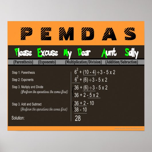 PEMDAS-Operationsreihenfolge Math Poster (Vorne)