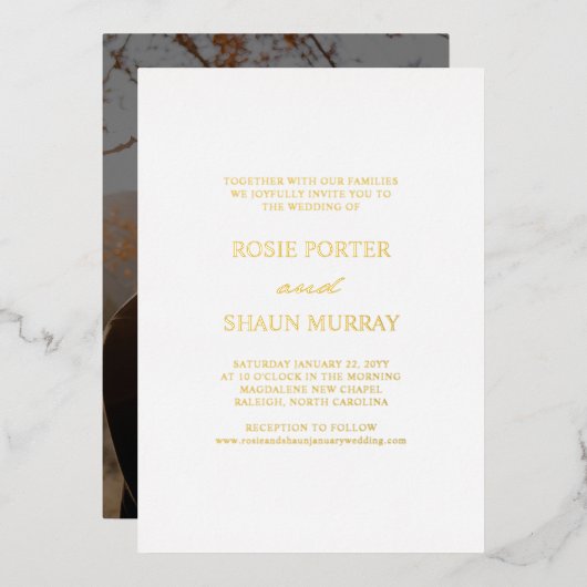 Pen Script Minimal Calligraphy White Foto Wedding Folieneinladung (Vorderseite/Rückseite)