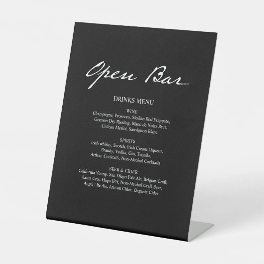 Pen Script Moderne Minimal Open Bar Black Wedding Sockelschild (Vorderseite)
