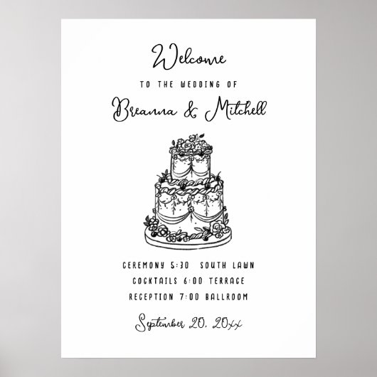 Pen Tinte Whimsical Hand Drawn Cake Wedding Willko Poster (Vorne)