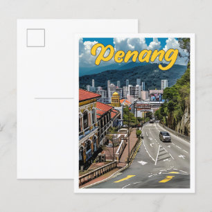Penang Malaysia Vintag Art Travel Illustration Postkarte