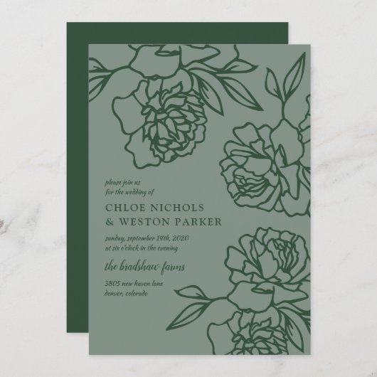 Penciled Peonies Modern Emerald Green Wedding Einladung (Vorne/Hinten)