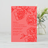 Penciled Peonies Modern Red Wedding Einladung (Stehend Vorderseite)