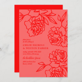 Penciled Peonies Modern Red Wedding Einladung