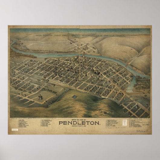 Pendleton Oregon 1890 Antique Panoramabalkarte Poster (Vorne)