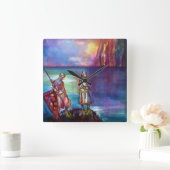 PENDRAGON Medieval Knights,Lake Sunset,Fantasy Quadratische Wanduhr (Zuhause)