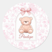 Penelope | Benutzerdefiniertes rosa Teddy-Bär-Kind Runder Aufkleber (Vorderseite)