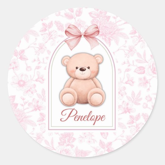 Penelope | Benutzerdefiniertes rosa Teddy-Bär-Kind Runder Aufkleber (Vorderseite)