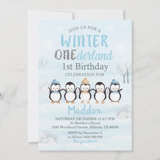Penguin 1. Geburtstag Einladung Winter Onederland (Vorderseite)