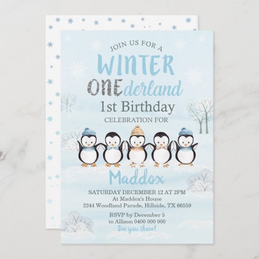 Penguin 1. Geburtstag Einladung Winter Onederland (Vorne/Hinten)