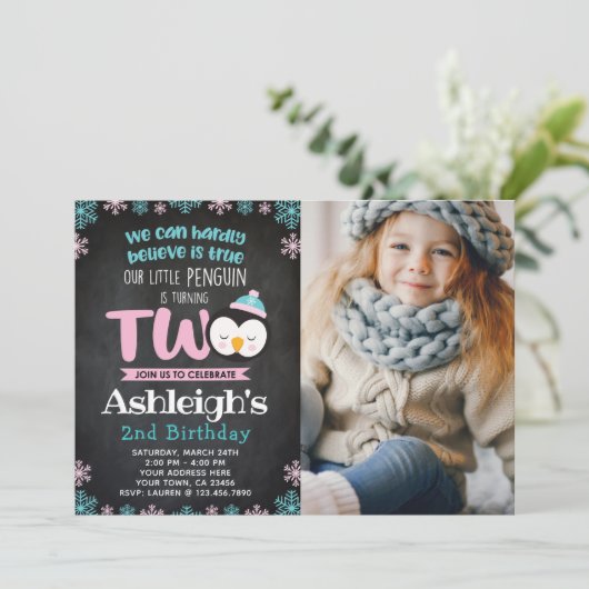 Penguin 2. Geburtstag Einladung mit Foto (Stehend Vorderseite)