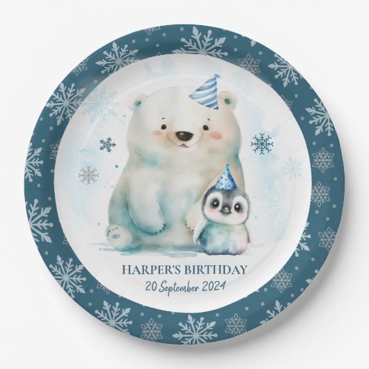 Penguin and Polar Bear Winter Birthday Pappteller (Vorderseite)