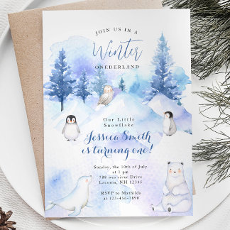 Penguin Animal Winter Onederland 1. Geburtstag Einladung