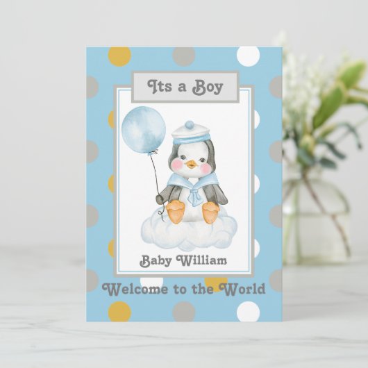 Penguin Baby Boy Birth Ankündigung (Stehend Vorderseite)