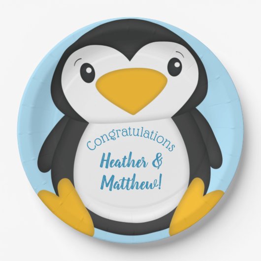 Penguin Baby Dusche Blue Pappteller (Vorderseite)