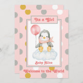Penguin Baby Girl Pink Birth Ankündigung (Vorne/Hinten)