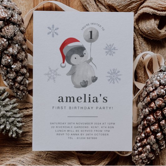 Penguin Balloon 1. Geburtstag Einladung