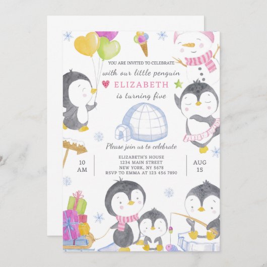 Penguin Birthday Einladung (Vorne/Hinten)