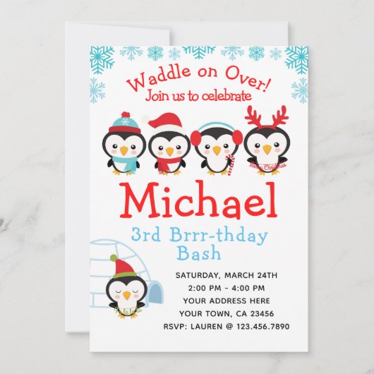 Penguin Birthday Einladung (Vorderseite)