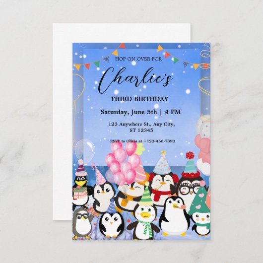 Penguin Birthday Einladung für Kind (Vorne/Hinten)
