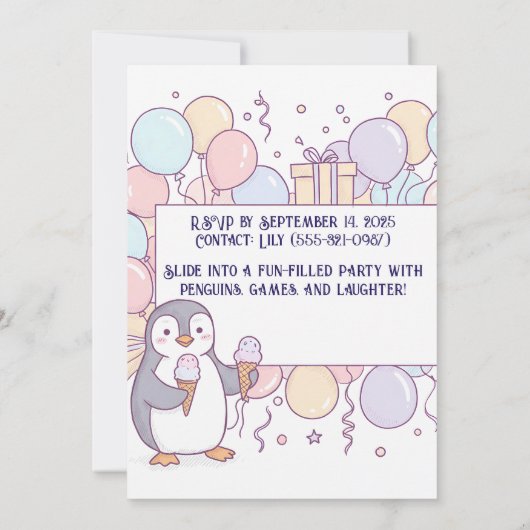 Penguin Birthday Einladung - Niedliches Kind Party (Rückseite)