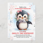 Penguin Birthday Invitation Girl Penguin Geburtsta Einladung (Vorne/Hinten)
