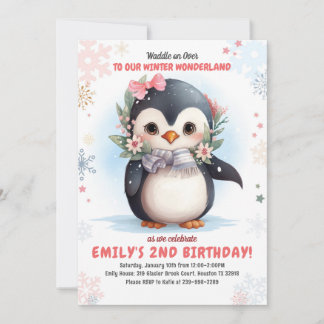 Penguin Birthday Invitation Girl Penguin Geburtsta Einladung